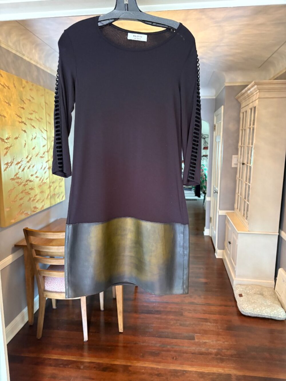 NWT Bailey 44 Black Shift Dress-Faux Leather Skirt/Jersey Cut Out Sleeve Top. S